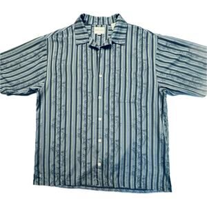 Joseph & Feiss Palm Tree Silk Button-Up Short Sleeve Men L Blue Black Striped